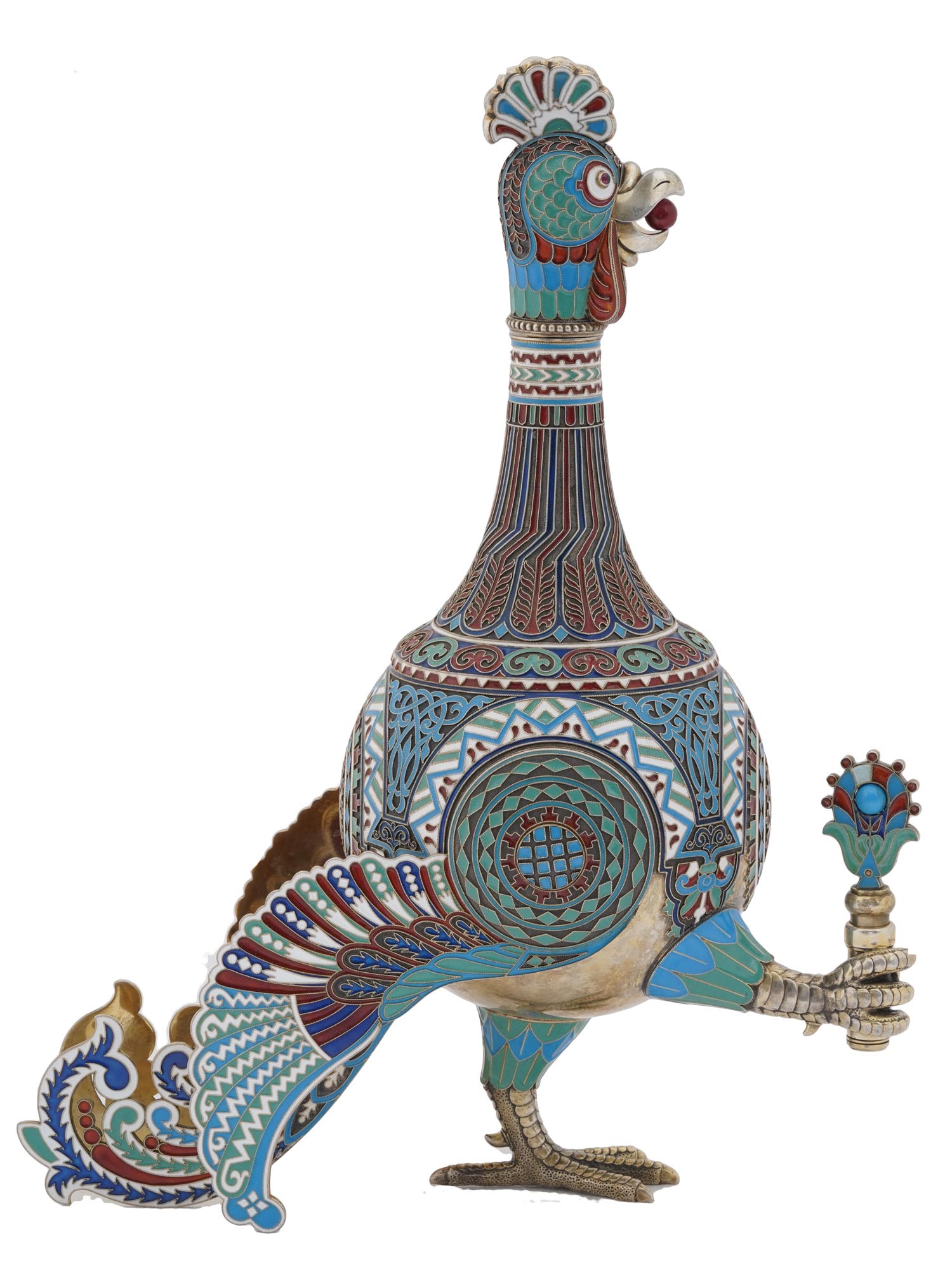 RUSSIAN GILT SILVER ENAMEL PEACOCK VODKA SET PIC-6